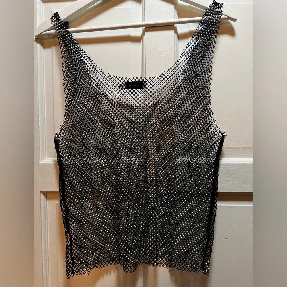 Iridescent Rhinestone Mesh Tank Top - Black - Picture 2 of 5